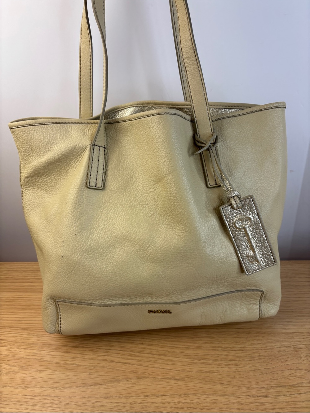 Fossil Sydney Shopper Cream/Coconut Soft Leather Tote Bag Metallic Accents